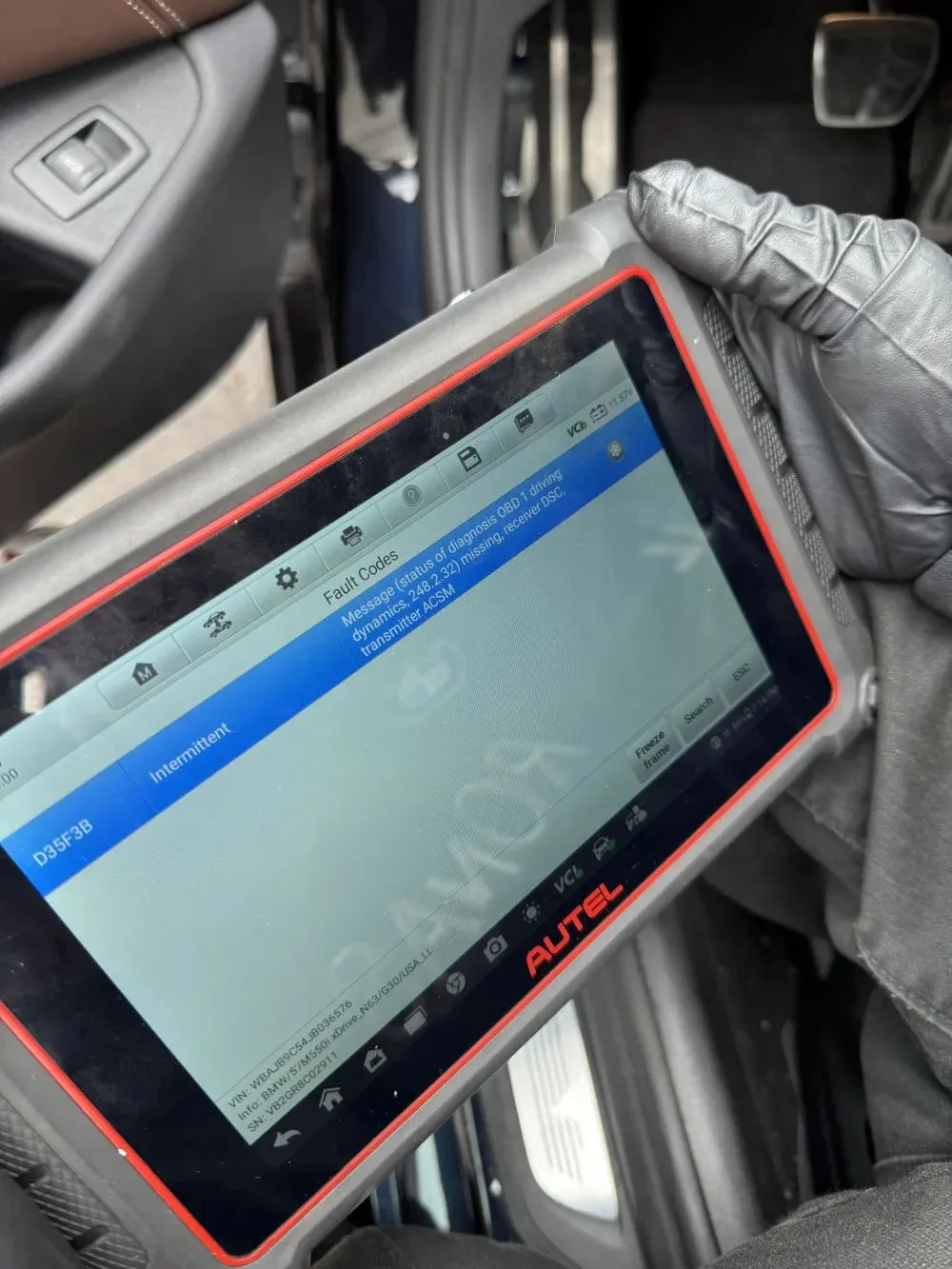 Autel diagnostic scanner showing BMW M550i (G30 N63 V8) fault code D35F3B intermittent driving dynamics fault during a recent diagnostic at Beacon Auto Care San Mateo