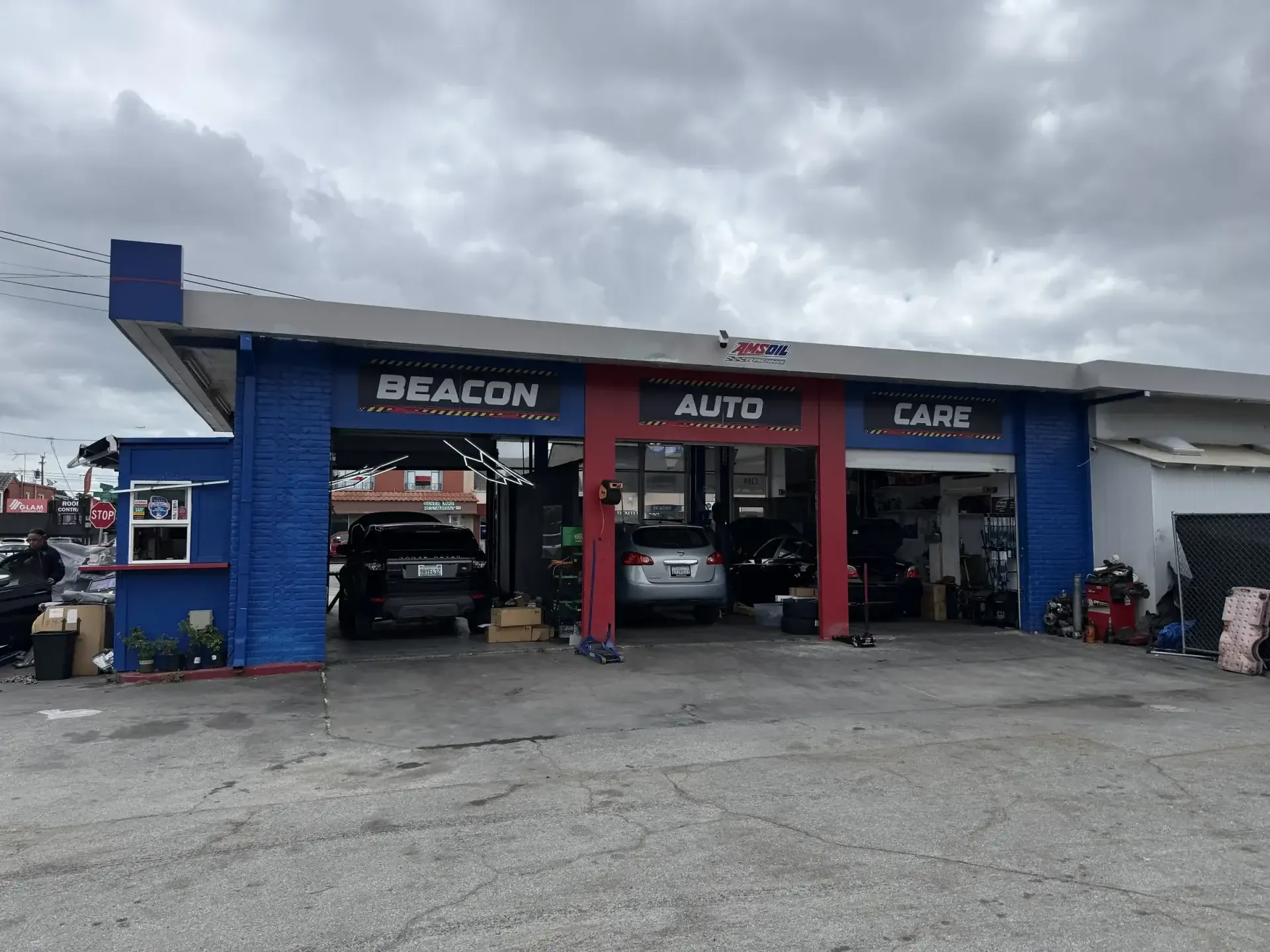 Beacon Auto Care three-bay garage overview labeled BEACON AUTO CARE in San Mateo
